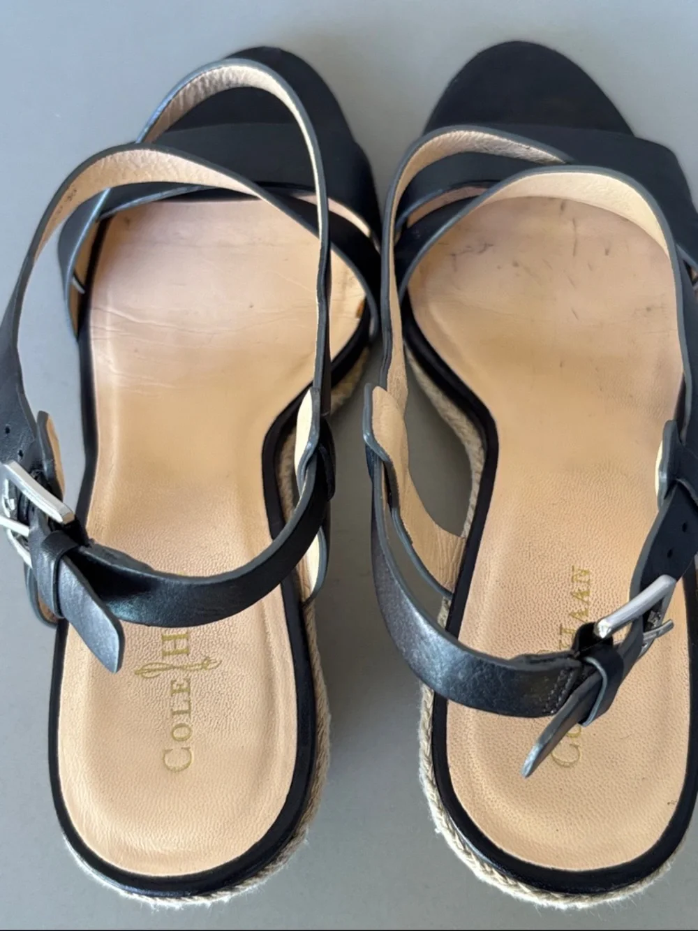Cole Haan Black Leather Espadrille Taylor Wedge Sandal 7B
